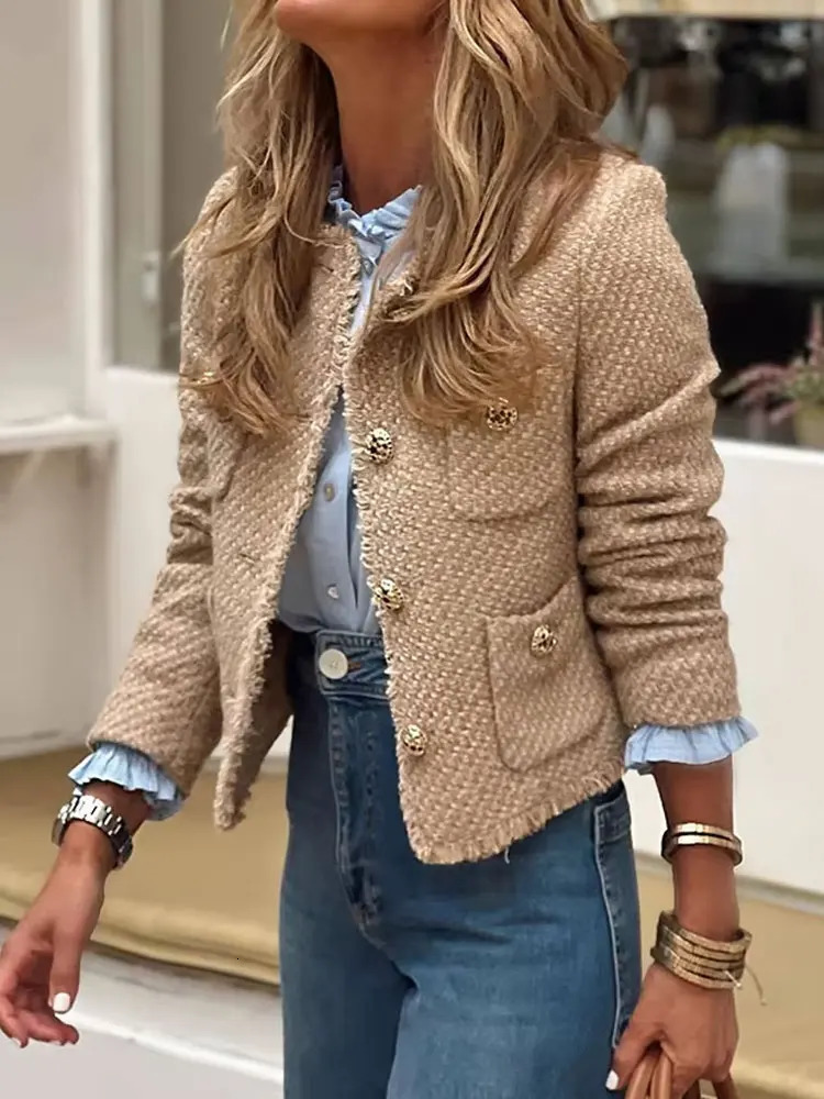 TRAFZA Autumn Fashion Women Short Jacket Camel Tweed Long Sleeve Button Frayed Cropped Tops Elegant Y2k Vintage Chic Coats 250725