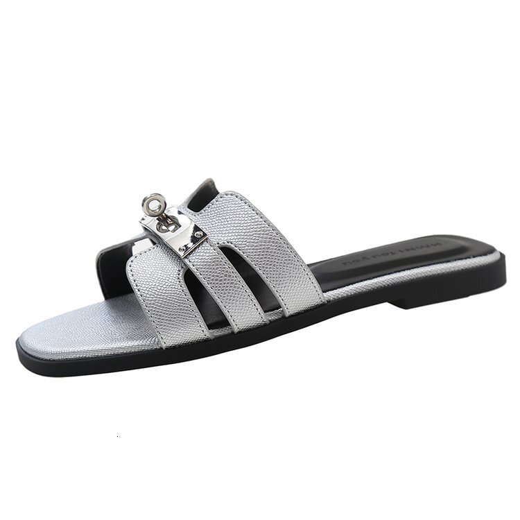 Women's Silver Open Toe Sandals, Japan And Korean Style Soft Leather-Style Flat Strap Slippers with Lock Buckle, Floral Beading, Wide Fit, PVC Outsole - view 6