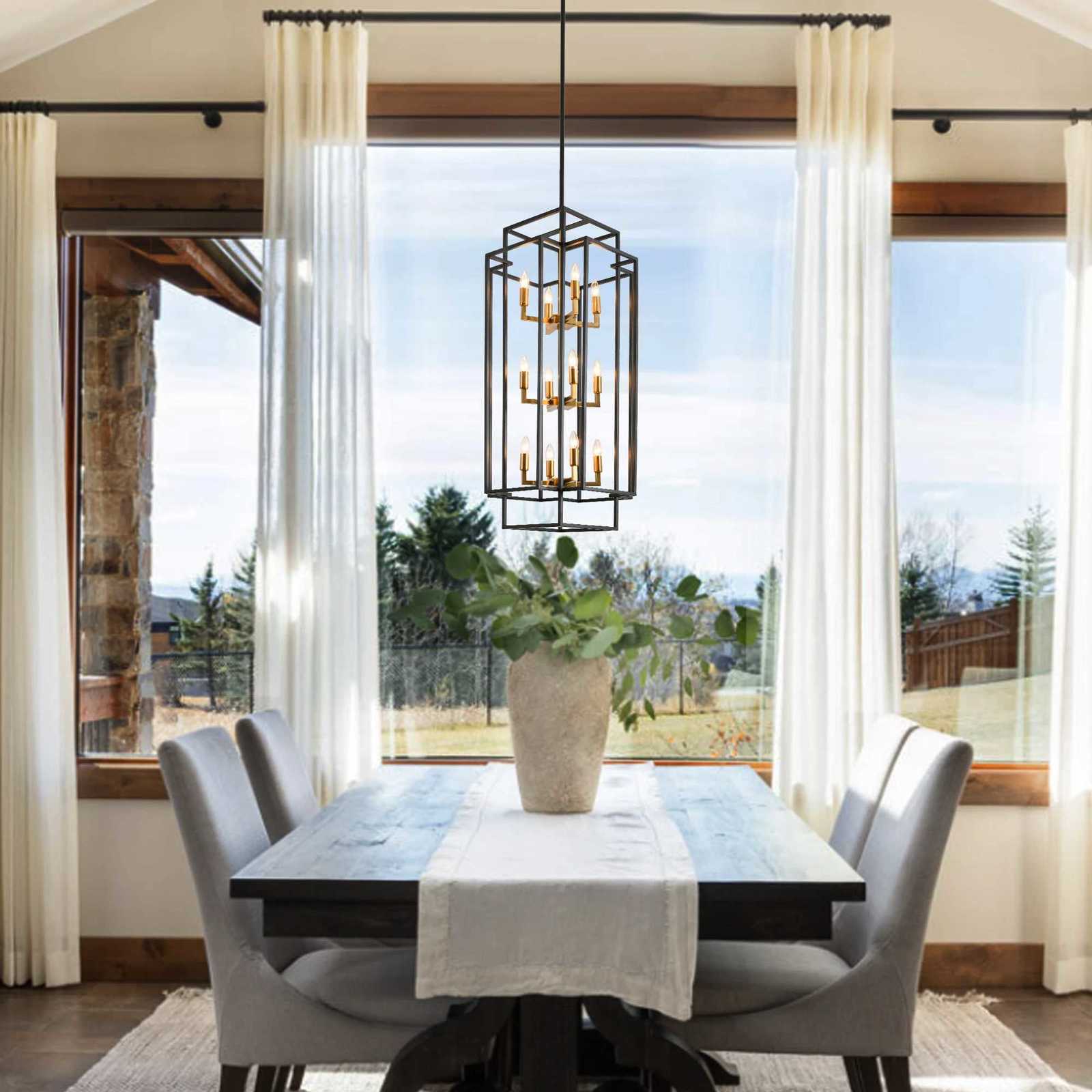 12 Lights Pendant Light Metal Lantern Island Light Modern Farmhouse Tiered Hanging Light Fixture Black and Gold Chandelier XJ250725