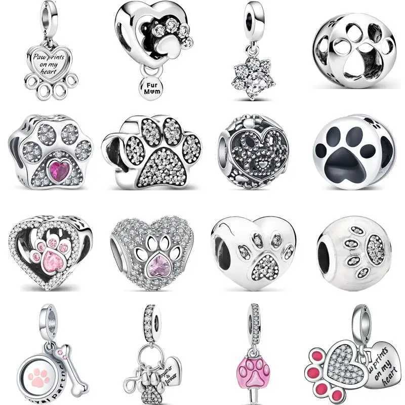 925 Sterling Silver Cute Animals Dog Print Pendant Heart Beads Fit Original Pantaro Charms Bracelet DIY Jewelry Making XJ250726