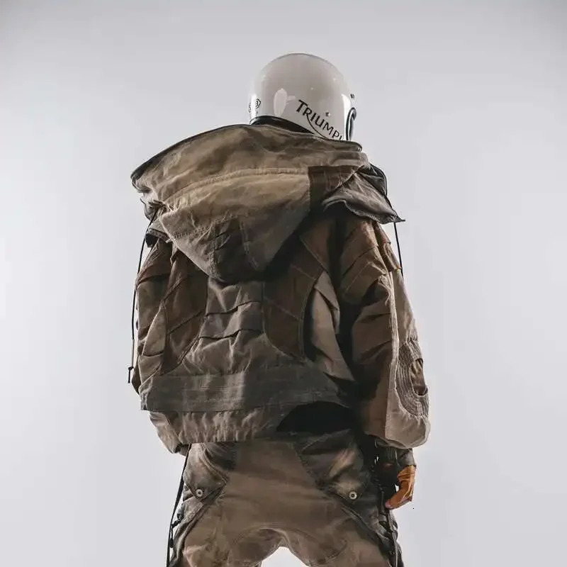 Mens Hooded Distressed Patchwork Folded Jackets Waste Soil Style Tactical Techwear Shoulder Batwing Sleeve Coat 250725