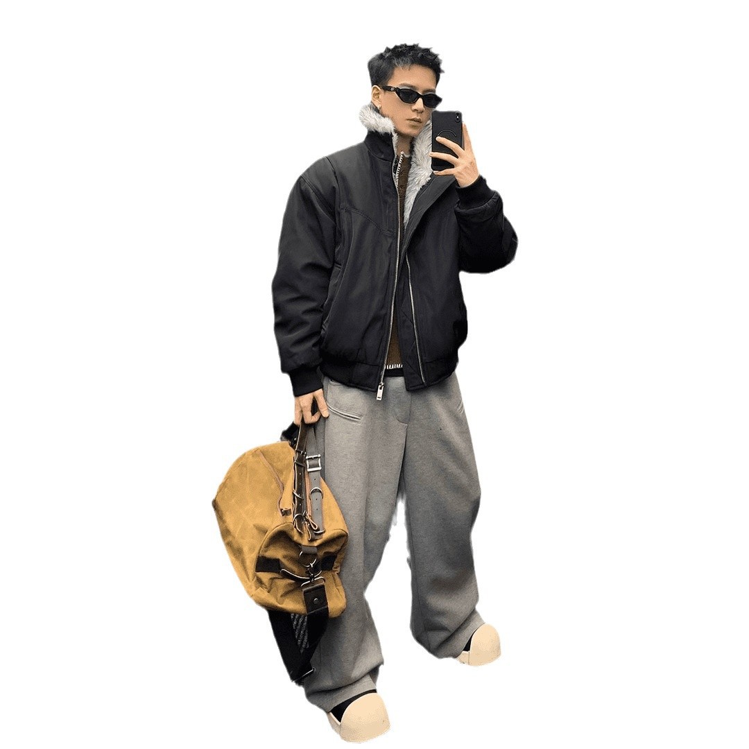 Winter New Warm Plush Y2K Retro Solid Color Cotton Coat Men Street Hip Hop Haruku Cleanfit Loose Stand-up Collar Jacket