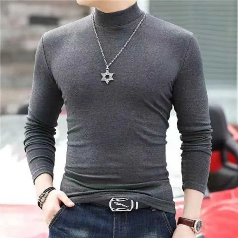 Korean Clothing Blouse Oversize Wear Casual Full Cotton Mens Turtleneck Base Shirt Simple Solid Color Long SLeeve Tops Tee Z250725