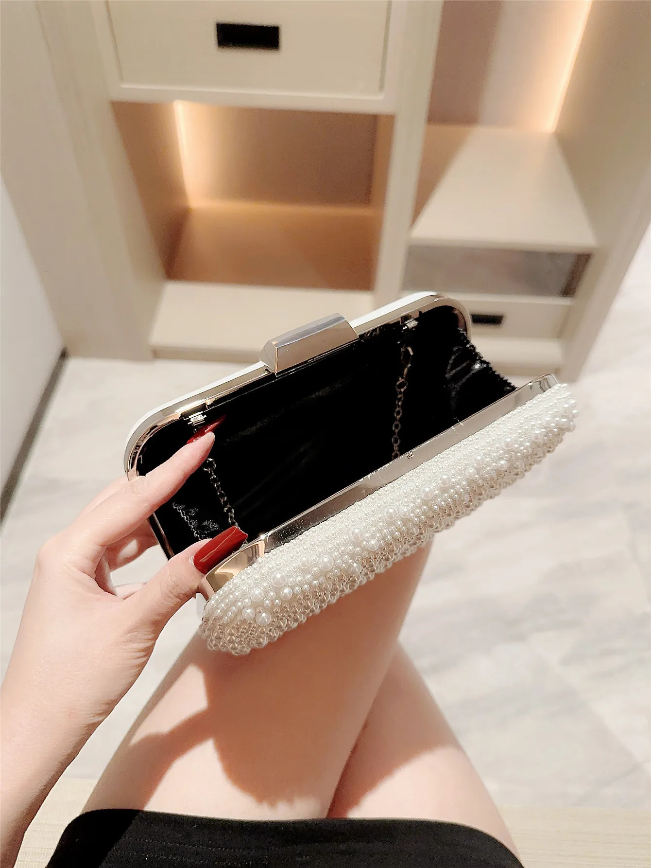 Pearl Square Box Type Evening Bag Beaded Clutch Chain Bag Banquet Bag Evening Bag Dress Bag Wedding Bag 250723