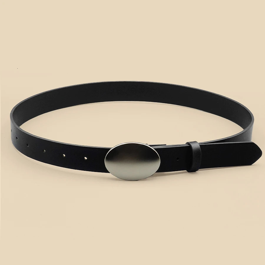 Oval Smooth Metal Buckle Belt Black Casual Minimalist Belt Classic Decorative Belt 250723