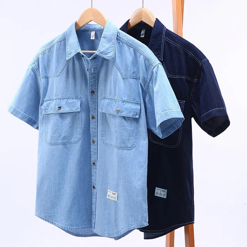 Summer Mens Short Sleeve Denim Shirt Retro Casual Workwear Square Collar Double Pockets Loose Jean Shirts Korean Clothes 250725
