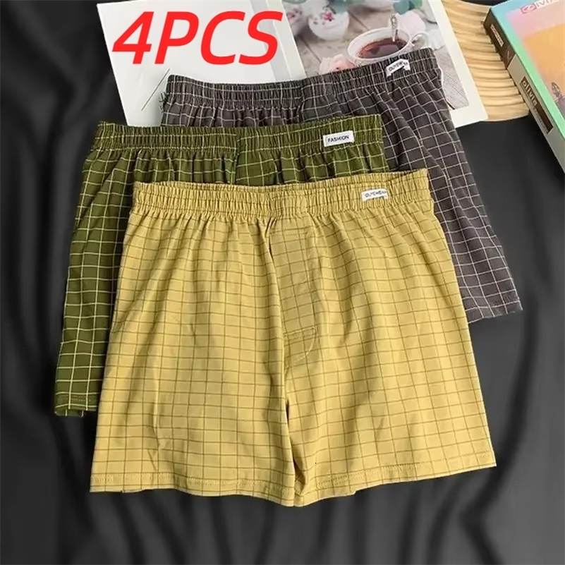 4Pcs Mens Underwear Boxers Shorts Casual Cotton Sleep Underpants Homewear Men Panties Striped Plaid Loose Comfortable 250725