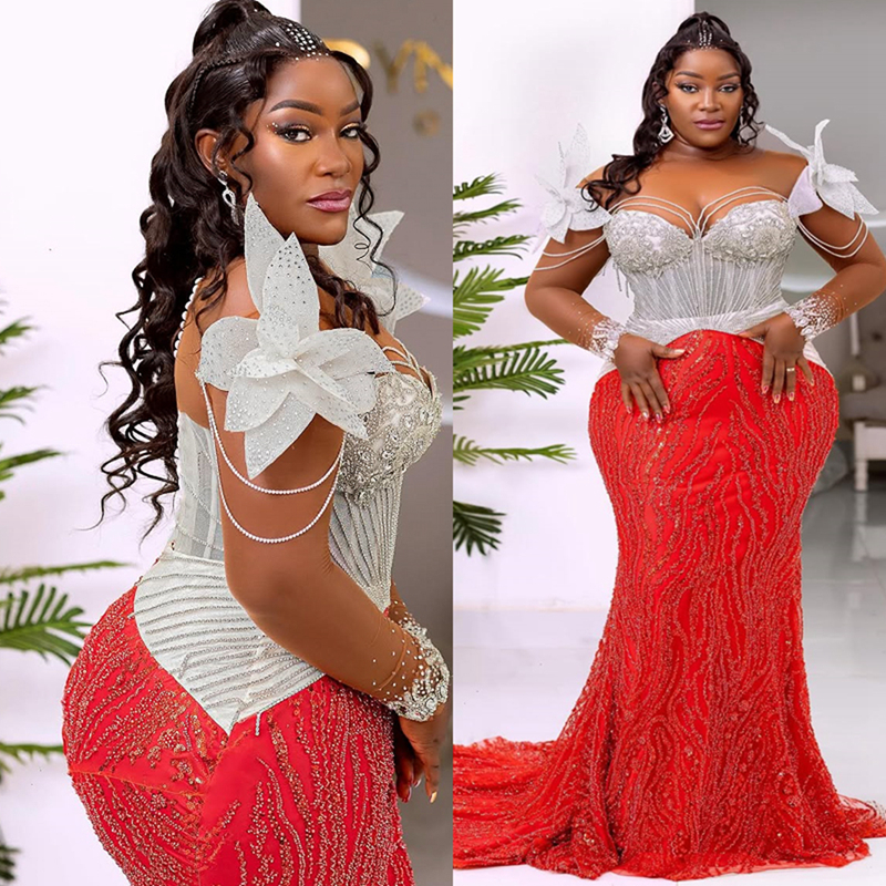 2025 Plus Size Red Prom Dress Evening Dresses Mermaid Formal Gowns For Black Women Sheer Neck Long Sleeves Beaded Lace Birthday Dress Second Reception