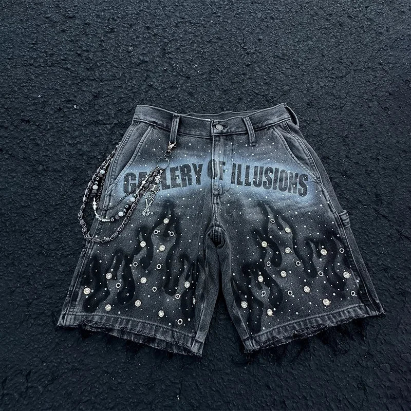 2K Fashion Distressed Jeans Retro Rhinestone Flame Pattern Printing Casual Washed Denim Shorts Men Women High Waist Streetwear 250724