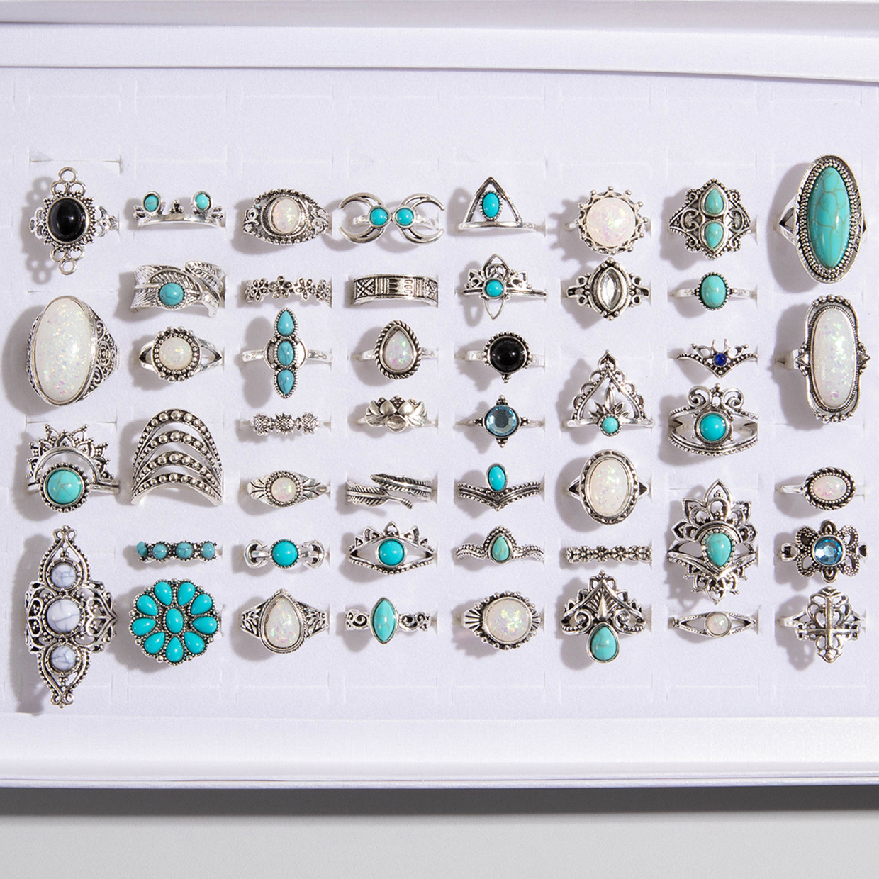 European Designer Jewelry And Luxury Jewelry American Cross-border Bohemian Style Turquoise Inlaid Flower Ring Vintage Geometric Lace Ring 48 Pieces M