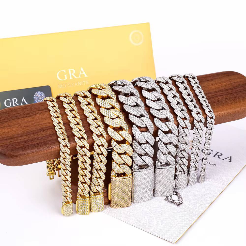 High Quality Men Miami 8 10 12 14 18 20mm Gold Plated 925 Silver Iced Out Vvs Mossanite Moissanite Diamond Cuban Link Bracelet