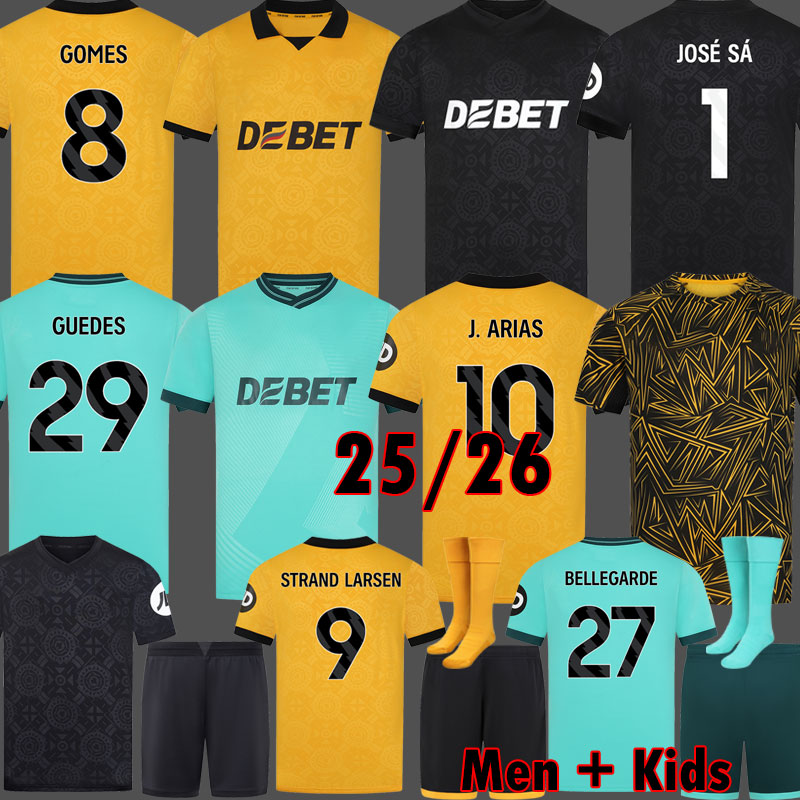 wolveses 25 26 Soccer Jerseys STRAND LARSEN GUEDES WOL Kit Wolverhamptons Wandererses Jersey 70 Anniversary WOLF Football Shirts GOMES uniform Kids equipment 999