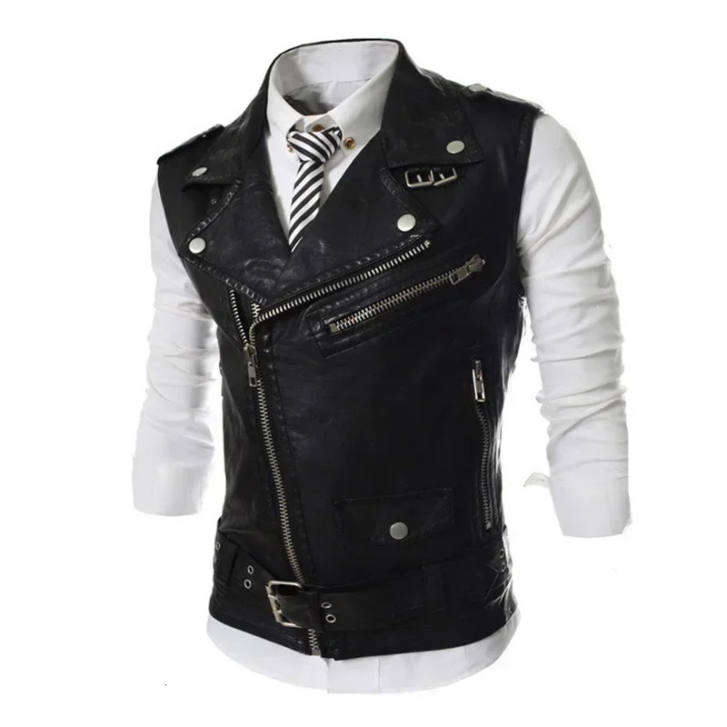 Mens Leather Waistcoat Korean Slim Fit Zipper Lapel Short Vest Coat Solid Color 250725