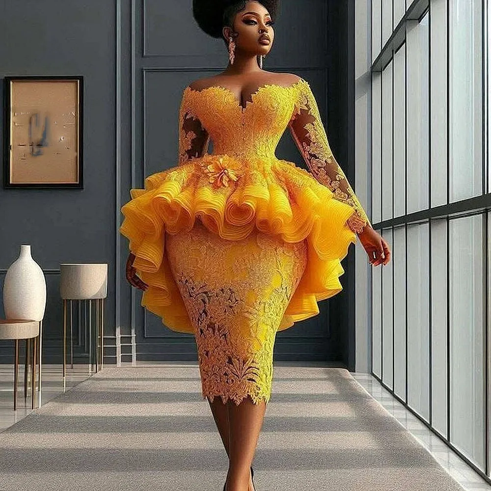 Aso Ebi Lace Sheath Prom Dresses Tea-Length Ruffles Peplum Chic Evening Gown Long Sleeves Off Shoulder Formal Occasion Party Dress Back Slit 2025