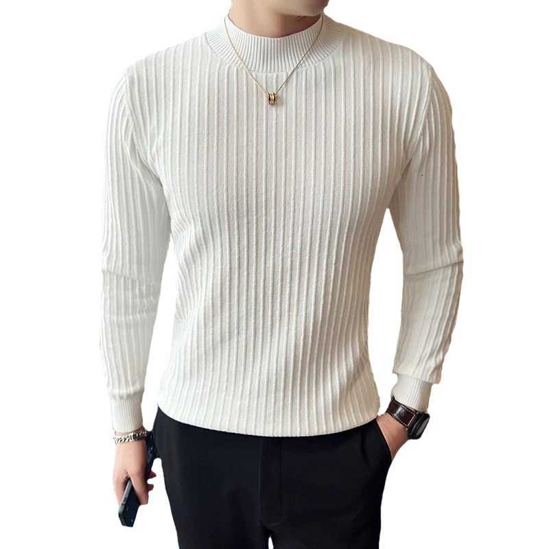 Plain Color Men Striped Sweater British Style Slim Fit Half Turtleneck Mens Casual Sweaters All Match Long Sleeve Pullovers Man Z250725