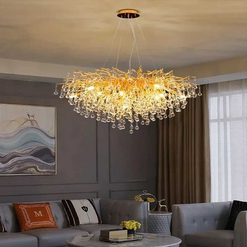 Luxury Crystal Chandelier Gold Chrome Water Drop Suction Branch Ceiling Light Living Room Hotel Lobby Villa Interior Decor Lamps XJ250725