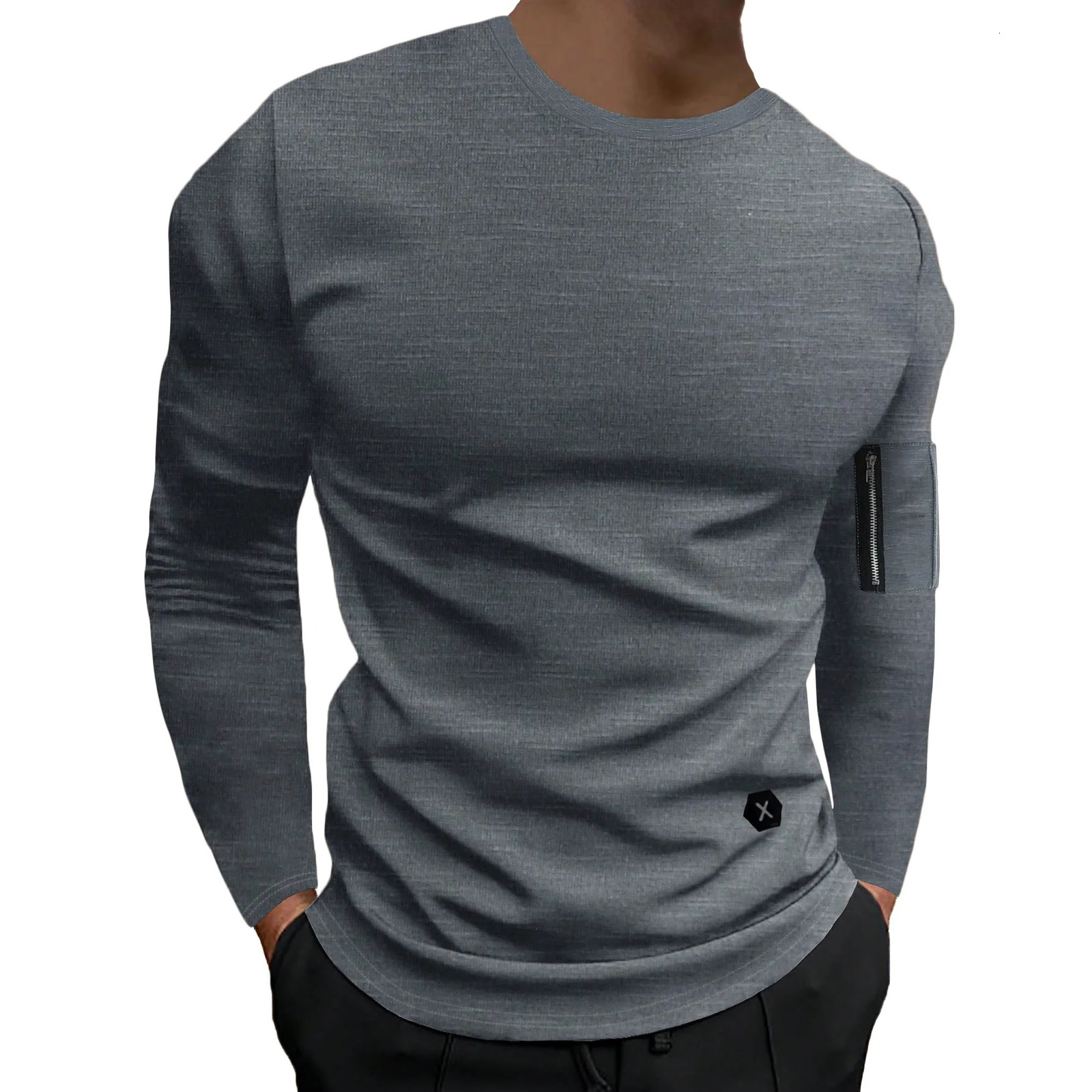 Slim Round Neck Long Sleeve T-Shirt Men with Arm Zipper Unique Casual Base Layer 250725