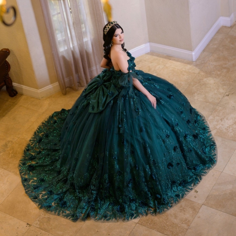 Blackish Green Shiny Quinceanera Dresses Ball Gown Off The Shoulder Sequin Applique Flower Beading Tull Party Birthday Sweet 16 Dress Vestidos 15 Anos