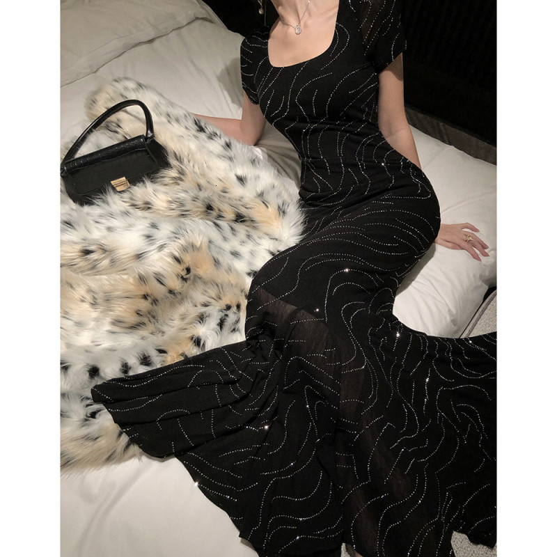 2025 Socialite Style Long Dress High-End Light Rhinestone Long Flared Mermaid Dress Party Gown 250726