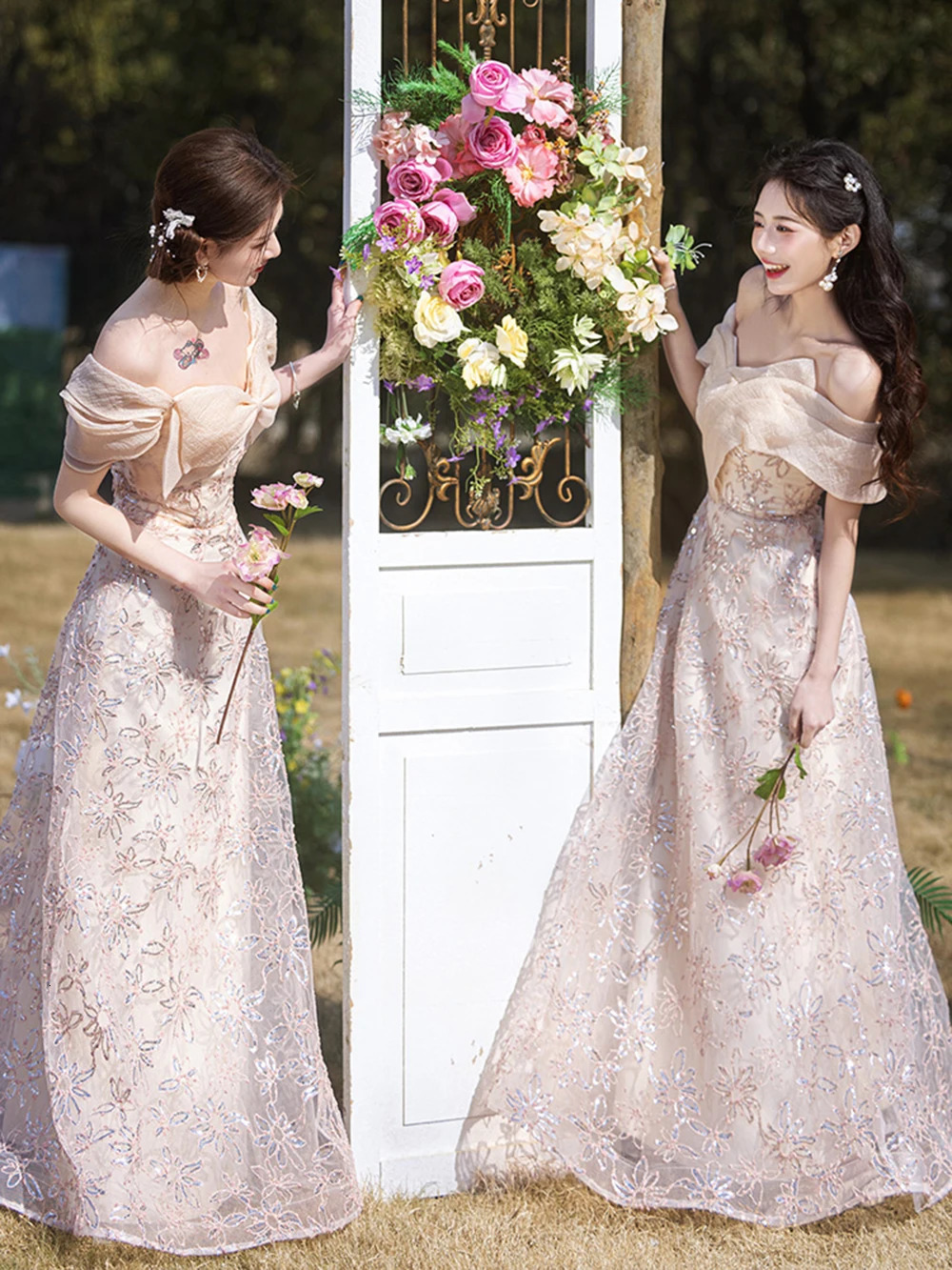 Light Womens Pink Flora Appliqued Bridesmaid Dress Square Collar Off Shoulder Wedding Party Guest Gown Sisters Vestido 250725