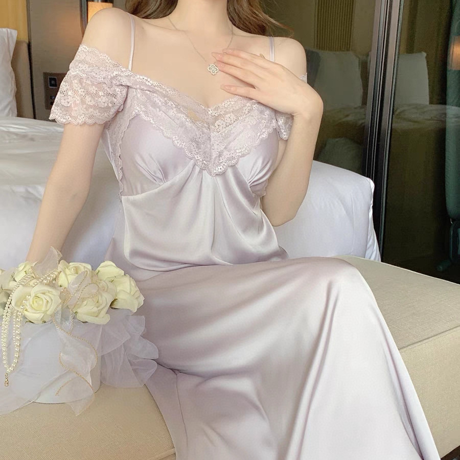 B989-Sexy nightdress with chest pads for women in summer pure desire high-grade lace home clothes thin ice silk long skirt slim