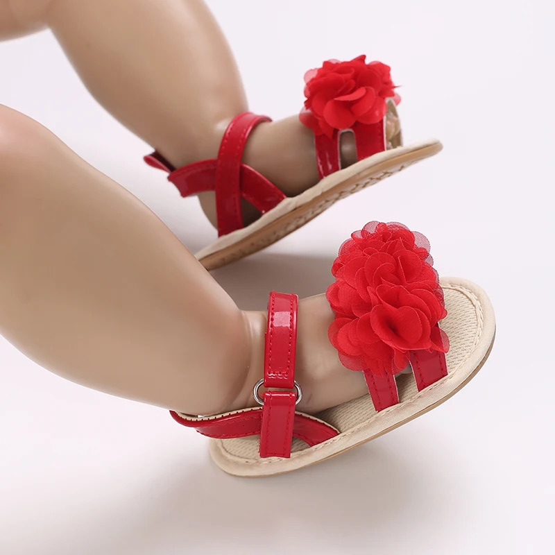 Summer Baby Girl Sandals Red Festive And Cute Flower Shoes Soft Rubber Soles Comfortable Casual Walking Shoes 250725