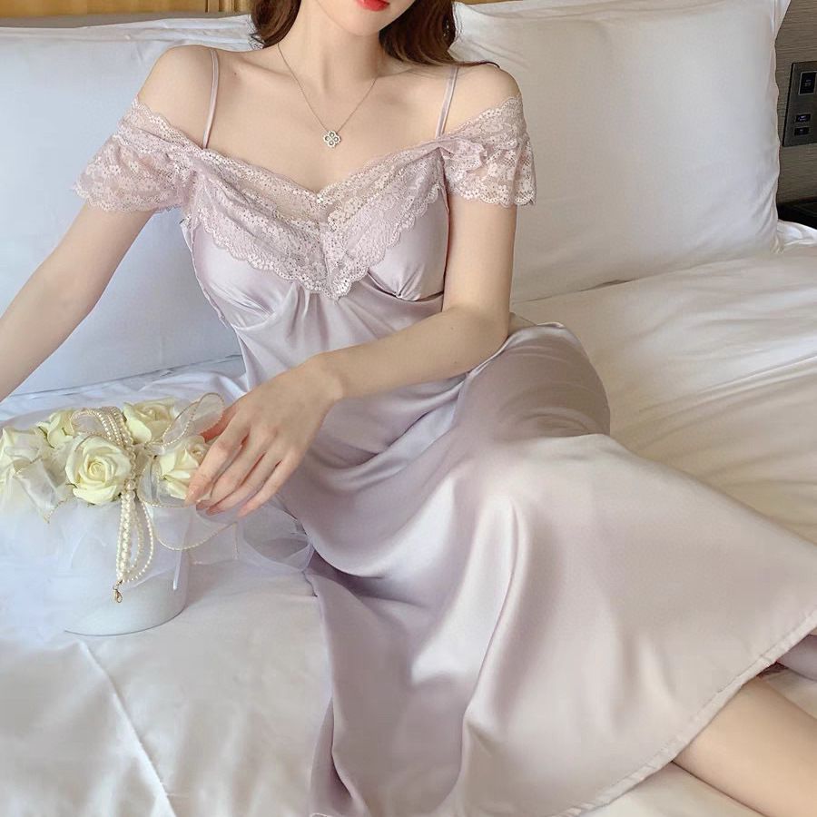 B989-Sexy nightdress with chest pads for women in summer pure desire high-grade lace home clothes thin ice silk long skirt slim