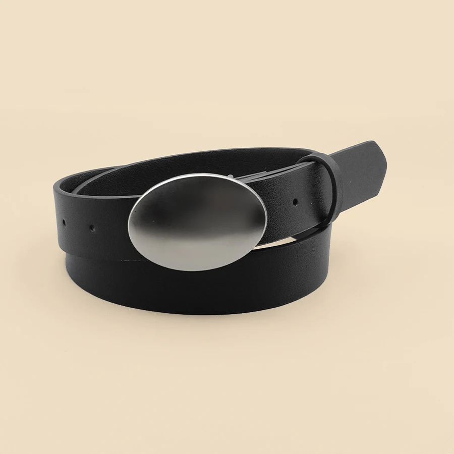 Oval Smooth Metal Buckle Belt Black Casual Minimalist Belt Classic Decorative Belt 250723