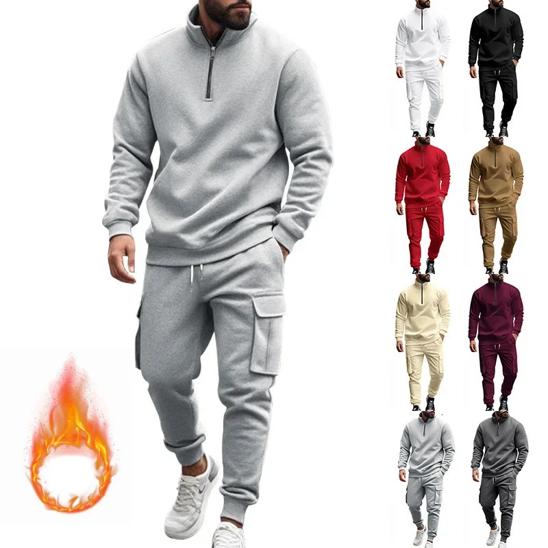 Autumn and Winter Mens Casual Velvet Warm Zipper Sports Trousers Set 250725