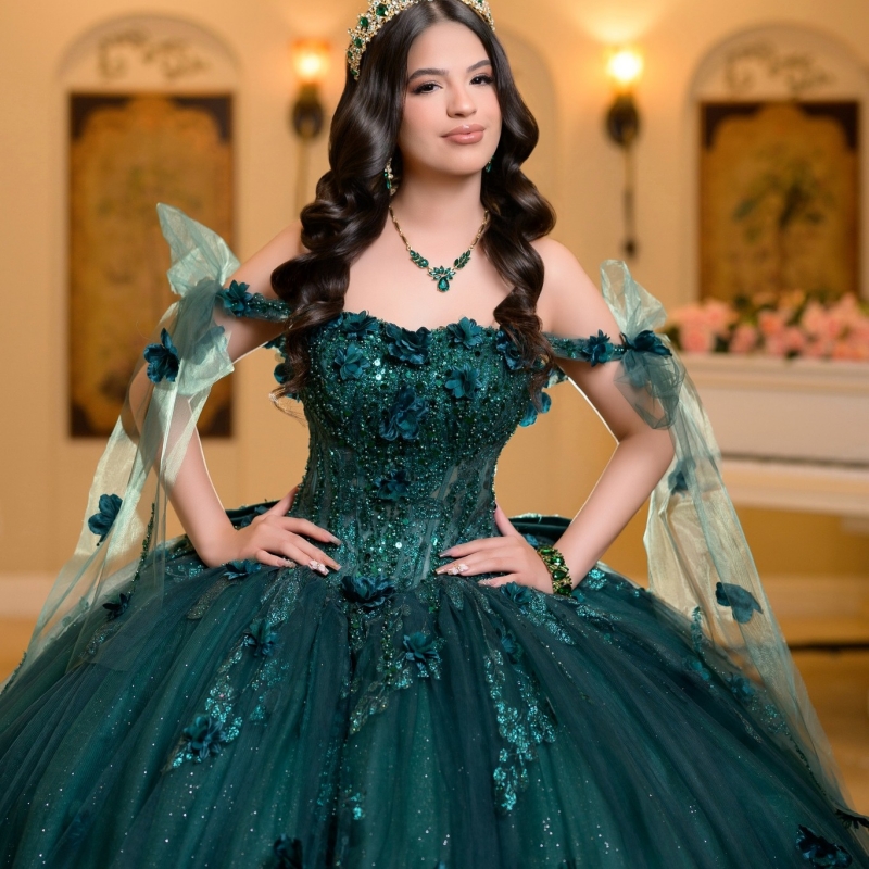 Blackish Green Shiny Quinceanera Dresses Ball Gown Off The Shoulder Sequin Applique Flower Beading Tull Party Birthday Sweet 16 Dress Vestidos 15 Anos