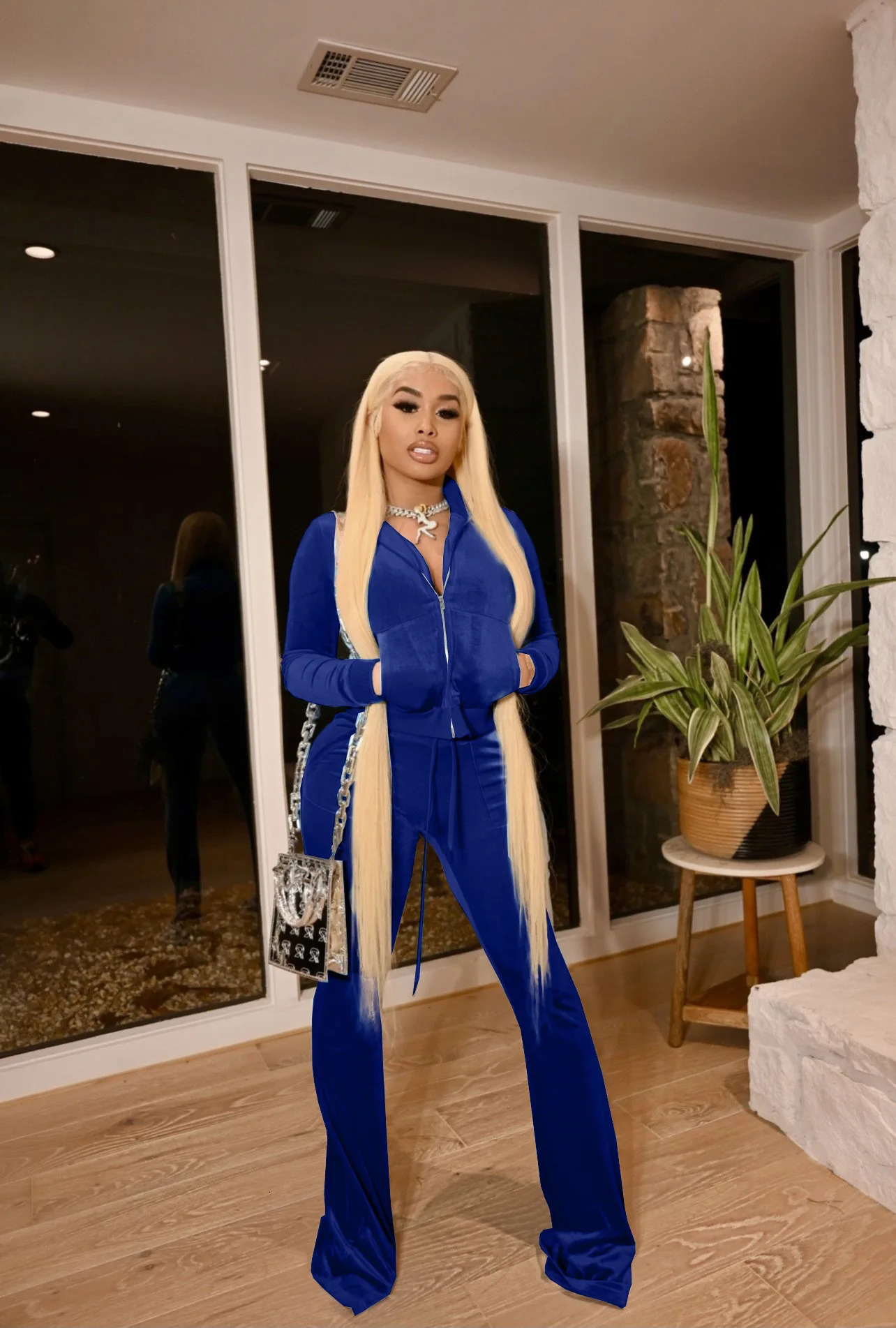 Fashion Solid Velour Two Piece Set Women Simple Casual Zipper Long Sleeve Turtleneck TopBandage Lace Slim Female Wide Leg Pants 250723