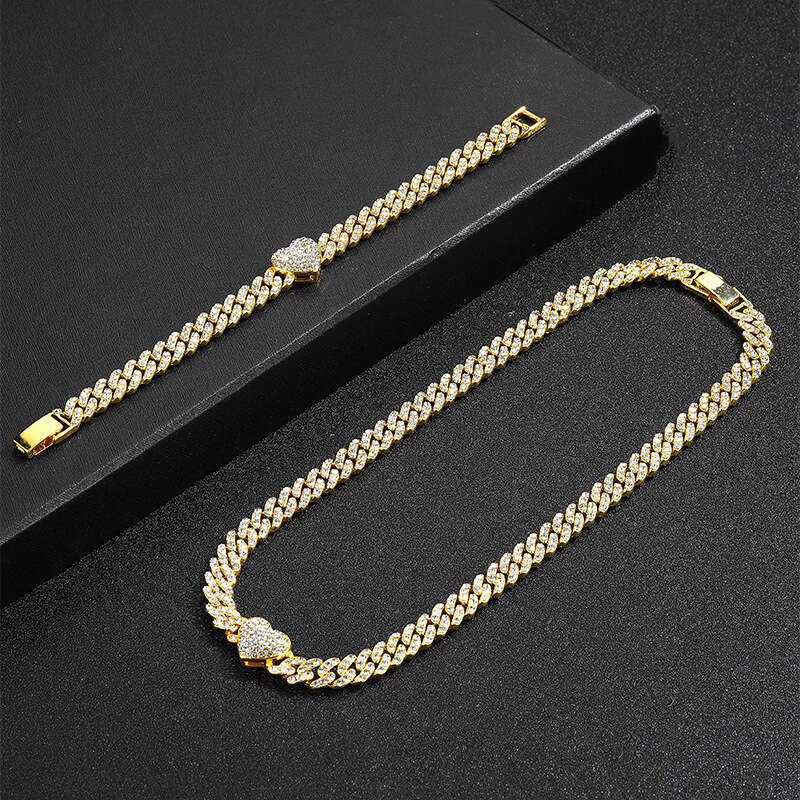 Heart Chain Cuban Link 9mm Hip Hop Rap Ins Style Versatile Accessories Men's Necklace Set