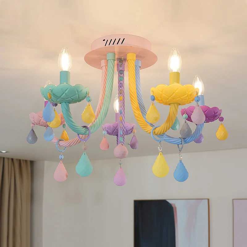 European Children Rainbow Chandelier Designer Macaron Lights LED Candle Light Childrens Bedroom Princess Room Kawaii Light XJ250725