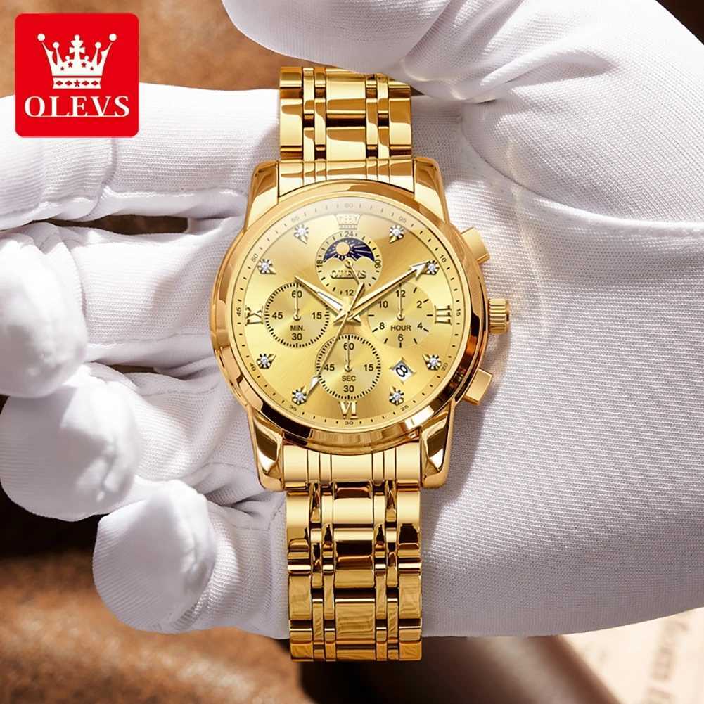 OLEVS Top Luxury Brand Mens Watches Moon Phase Chronograph Quartz Watch for Man Gold Stainless Steel Luminous Watch X250726