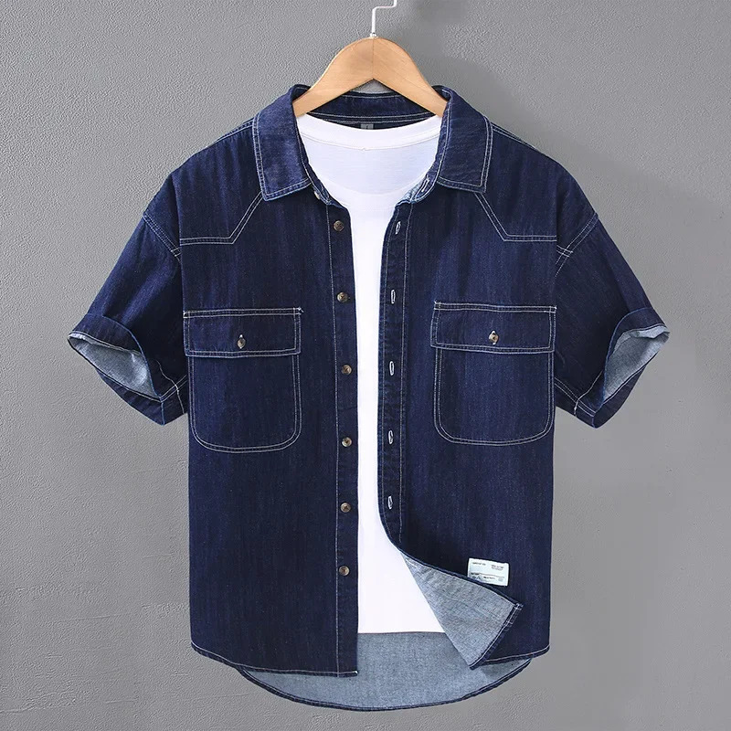 Summer Mens Short Sleeve Denim Shirt Retro Casual Workwear Square Collar Double Pockets Loose Jean Shirts Korean Clothes 250725
