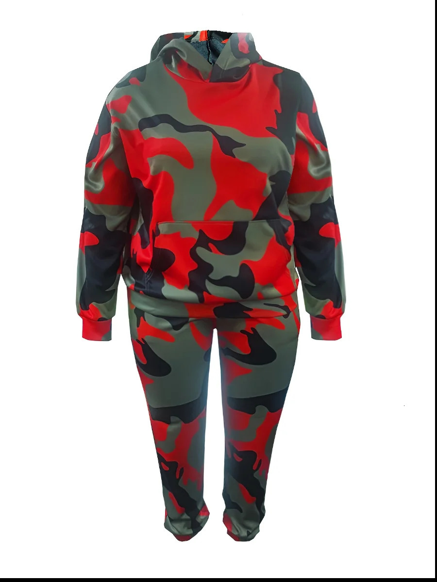 LW Plus Size Fashion Basic Women Autumn Winter Long Sleeve Hooded Collar Camo Print Kangaroo Pocket Tracksuit Sportswear Set 250717