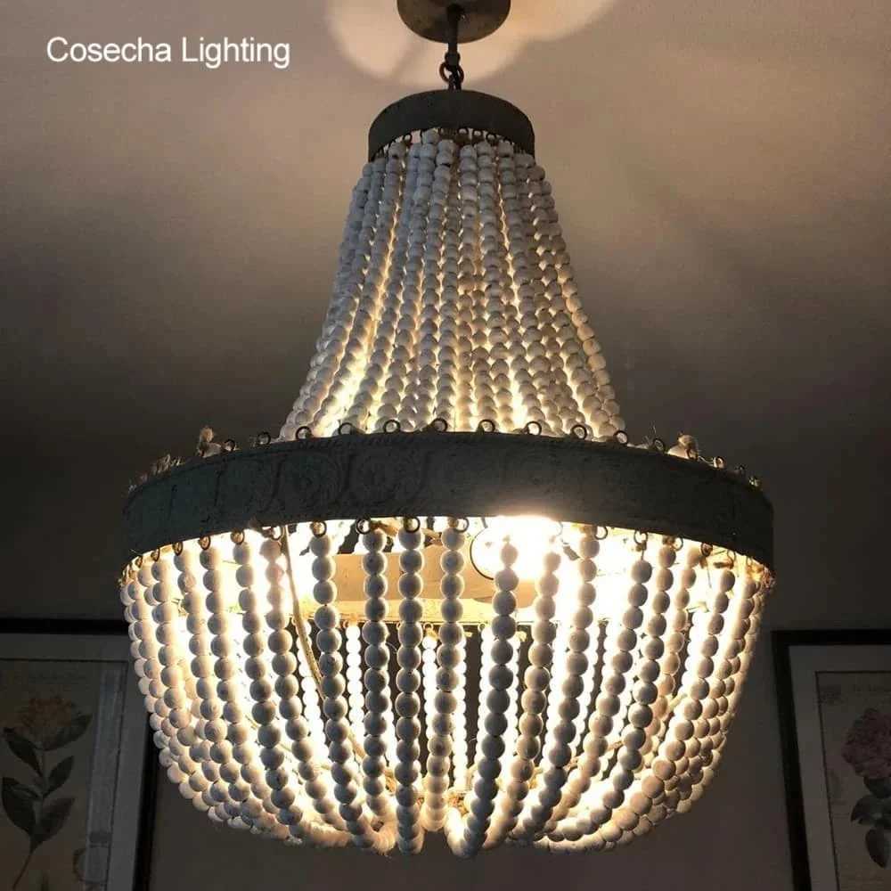 French Antique White Wood Bead Chandeliers Vintage Gray Beaded Farmhouse Chandelier Lighting Bedroom Dining Room Retro LightXJ250725