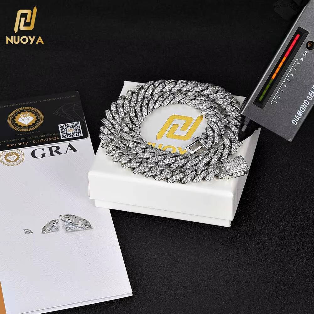 NUOYA 10/15MM Two Rows VVS Moissanite Iced Out Diamond Chain 925 Sterling Silver Necklace Miami Cuban Link Chain for Men