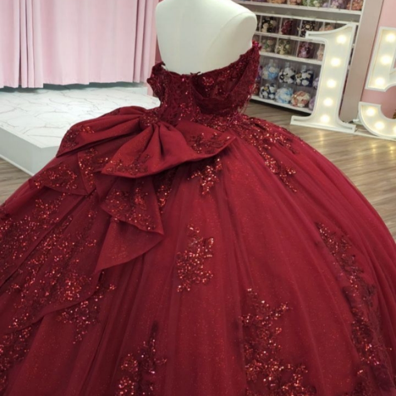 Red Shiny Quinceanera Dresses Ball Gown Off The Shoulder Applique Lace Bow Beading Party Birthday Sweet 16 Dress Vestidos 15 Anos