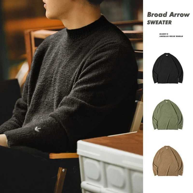 Maden Vintage Half Turtleneck Solid Color Sweater Mens Autumn and Winter Thin Fluffy Knitted Sweaters Halloween Men Pullovers Z250725