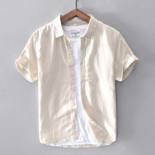 Breathable Shirt Men's Short Sleeve Slim Fit Top Summer Thin Turn-down Collar Youth Cotton Linen Casual White Mengyu