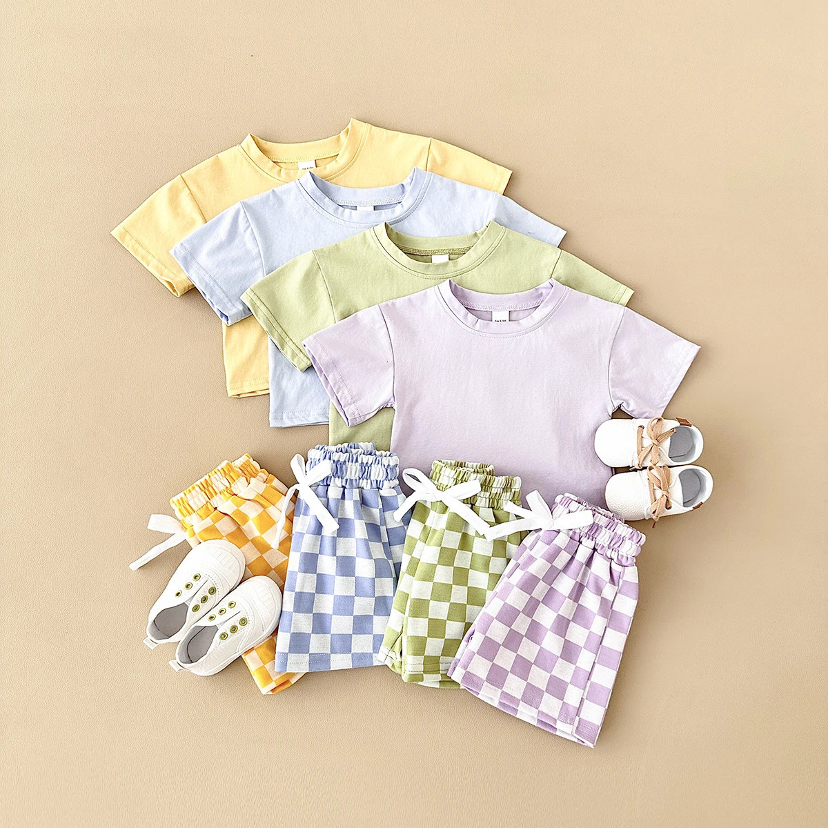 2Pcsset born Baby Infant Clothes Solid Color TshirtCheckerboard Shorts Boys Girls Casual Summer Outfit Set 250725