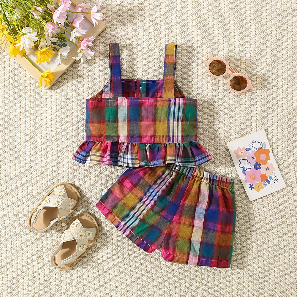 Summer Baby Girls TwoPiece Set Plaid Pattern Sweet Pastoral Ruffled Lace Buttons Shorts 250725