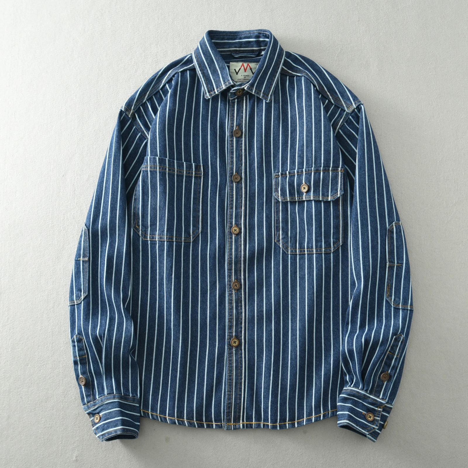 Heavy vintage washed vertical stripe denim shirt mens loose size cotton long sleeve jacket 250725