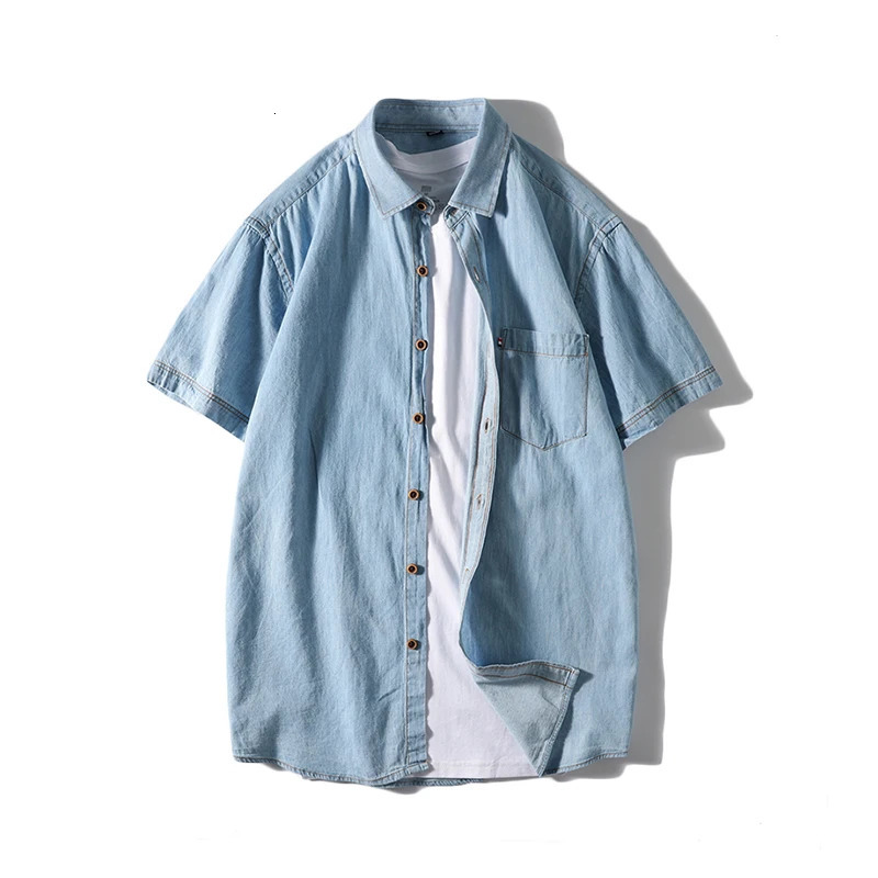 Mens Shirts Summer Fashion Business Trend Cotton Denim Shortsleeved Shirt with All Solid Color Casual Thin 250725