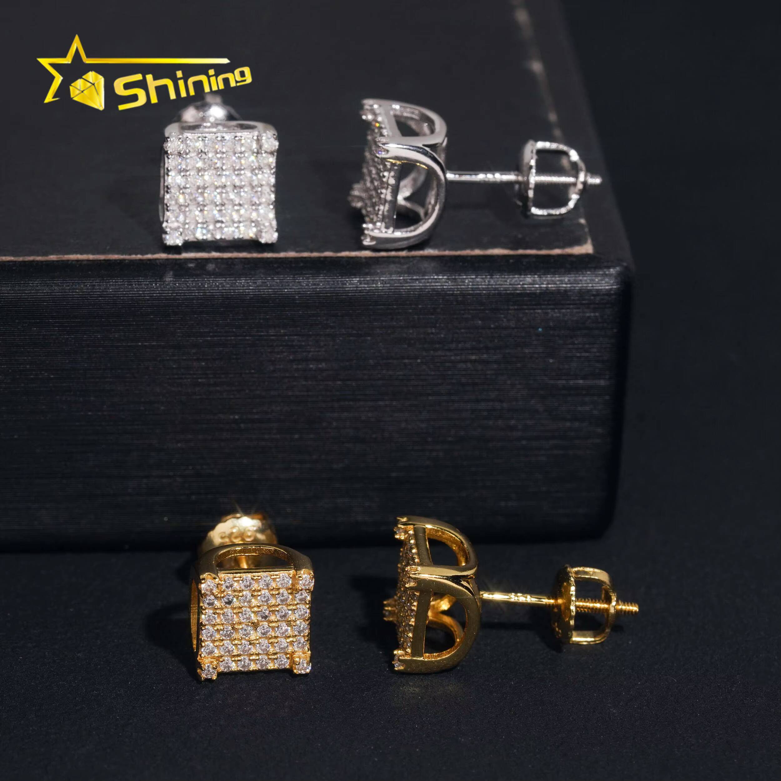 Wholesale Price Gold Plated 925 Silver 8mm Width Moissanite Earrings Hip Hop Jewelry Men Women Moissanite Ear Studs