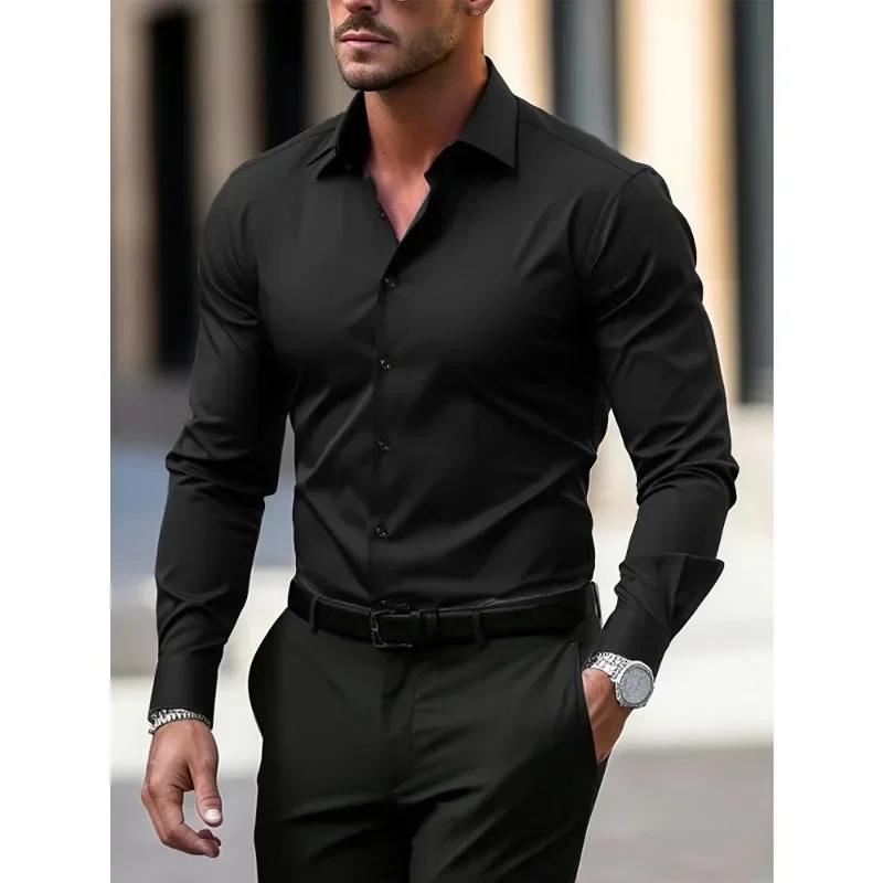2025 Mens Shirt Solid Color Long Sleeve Smart Casual Four Season Elastic Male Business Shirts 250717