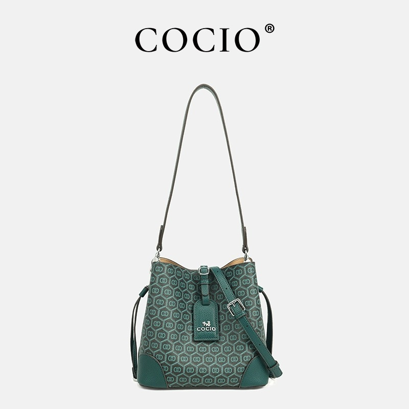 COCIO designer bag New peacock green genuine leather bucket bag simple versatile multi compartment handbag niche design hot selling womens bag