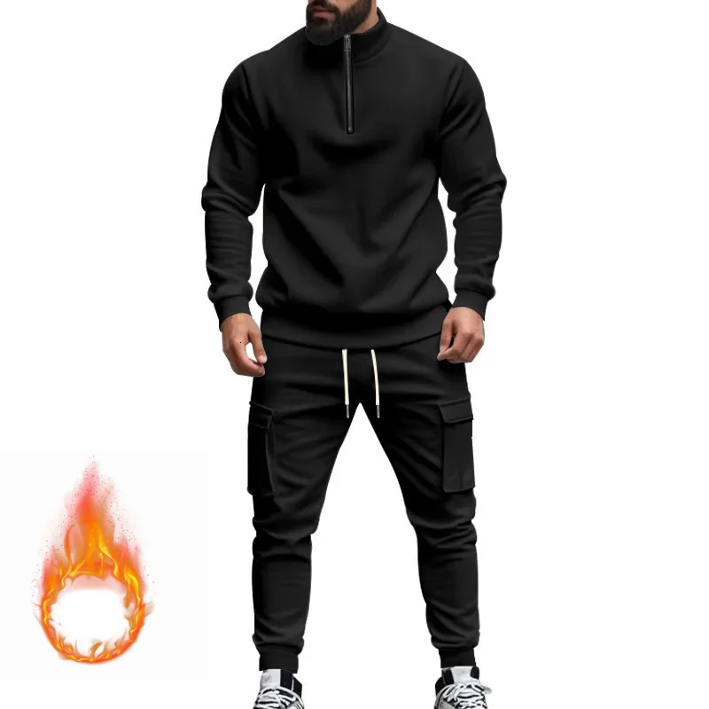 Autumn and Winter Mens Casual Velvet Warm Zipper Sports Trousers Set 250725