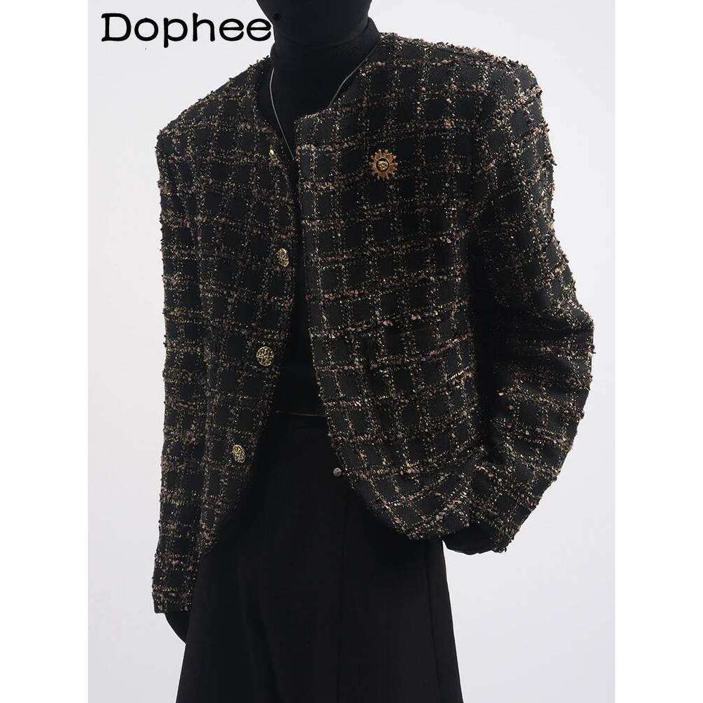 Male 2025 Spring And Autumn New Trendy Temperament Long Sleeve Round Neck Jacket Tweed Woven Short Jackets Small Fragrant Coats